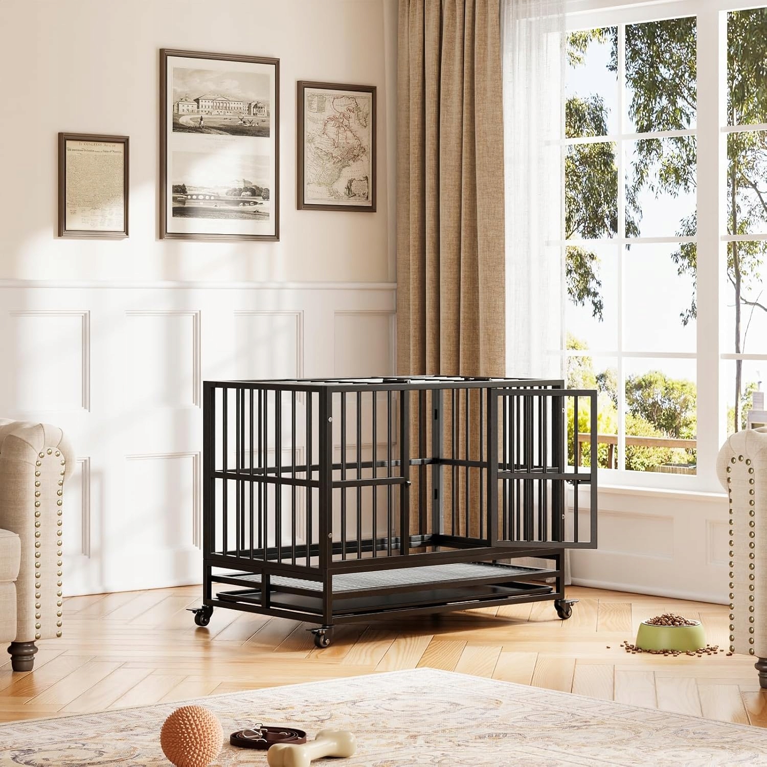 Levně Klatka dla psa, 37 cali,z podwójnymi drzwiami,blokowanymi kołami 360°Klatki