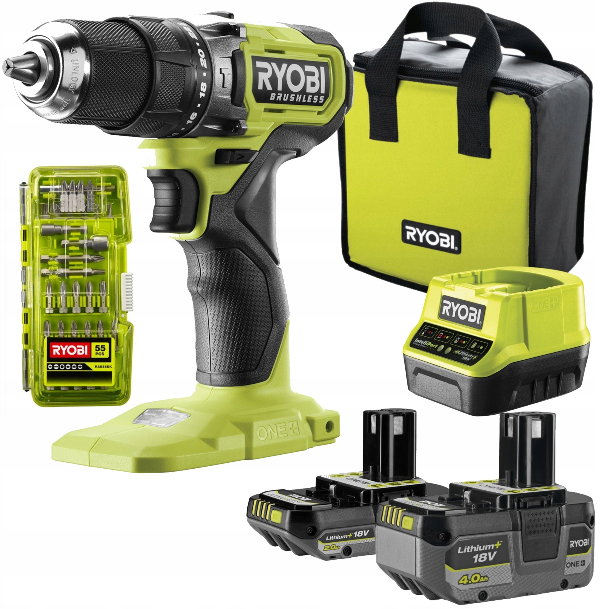 Ryobi Wiertarko-wkrętarka Ładowarka 4AH+2AH+ Zestaw do wkręcania 55 szt