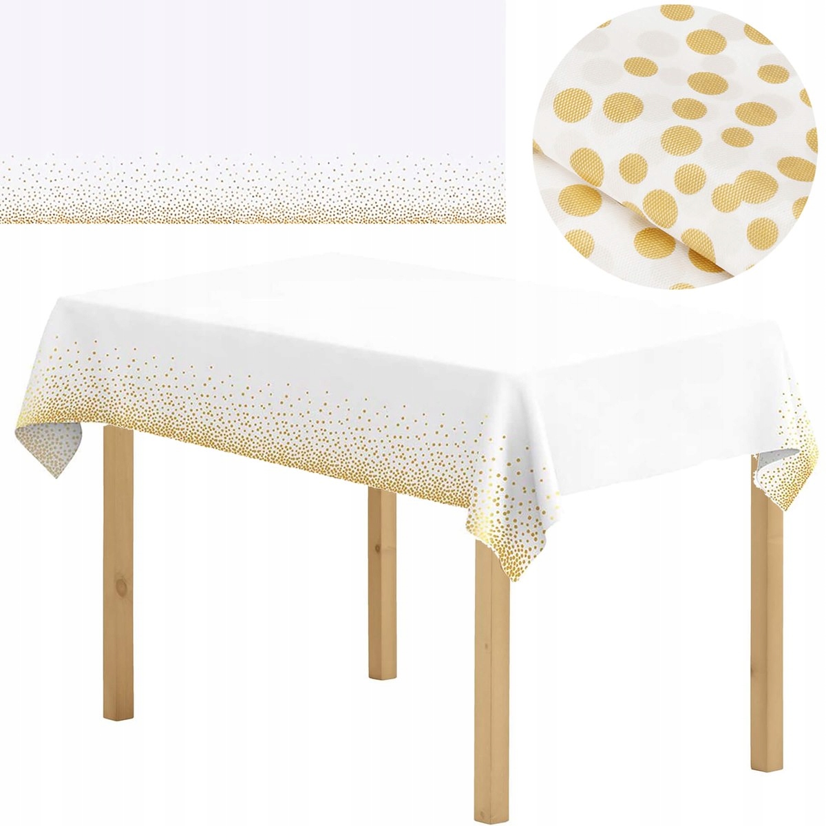 OBRUS FOLIOWY PLAMOODPORNY JEDNORAZOWY NA STÓŁ BIAŁY ZŁOTE KROPKI KONFETTI Kształt prostokątny