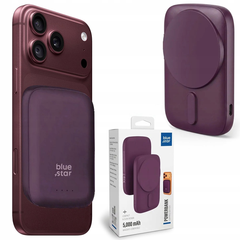 Mini magnetická powerbanka Pd 20W MagSafe 15W 5000mAh Burgund pro iPhone 18