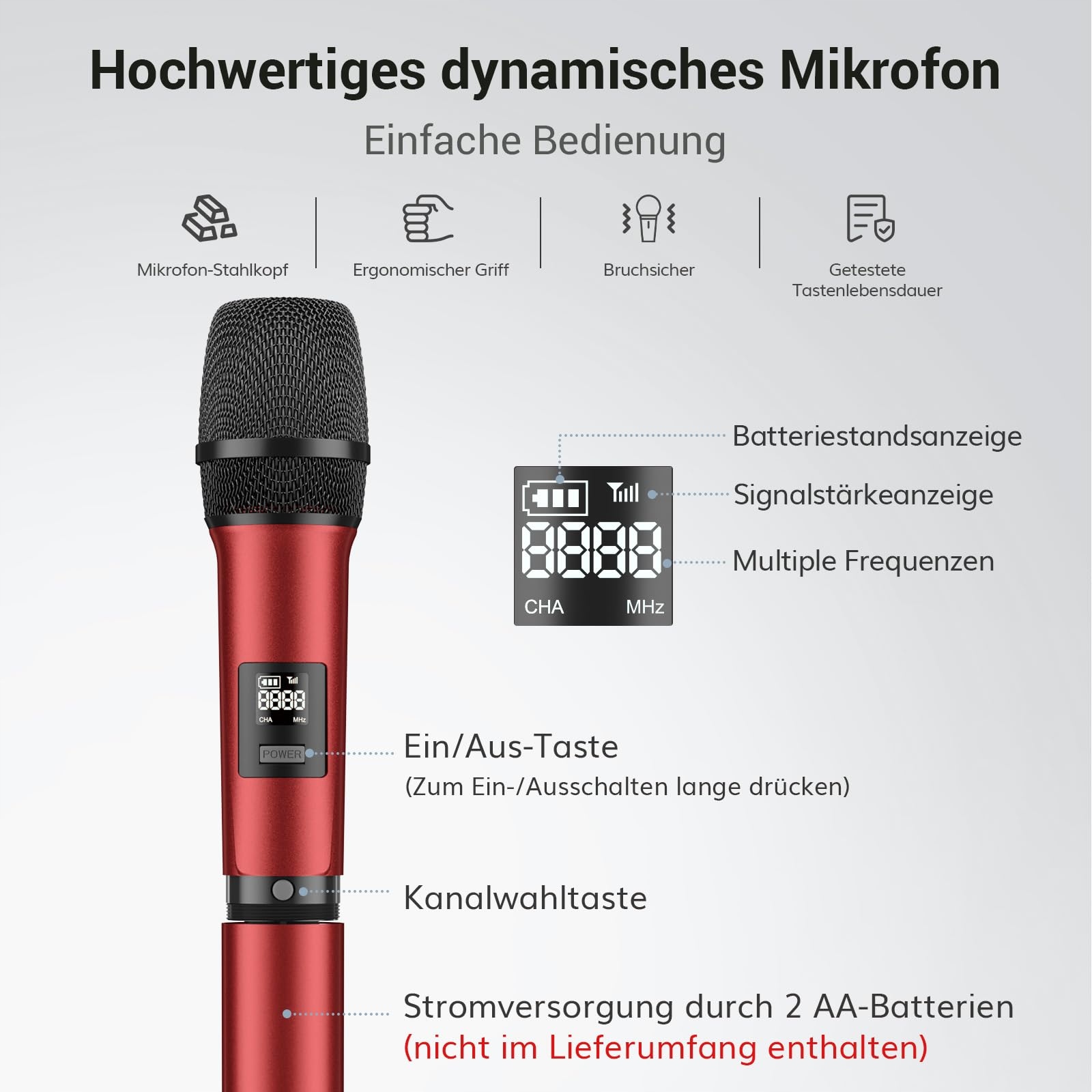 TONOR Mikrofon Bezprzewodowy Karaoke Dualny TW450 Szary Czerwony — miniatura 4