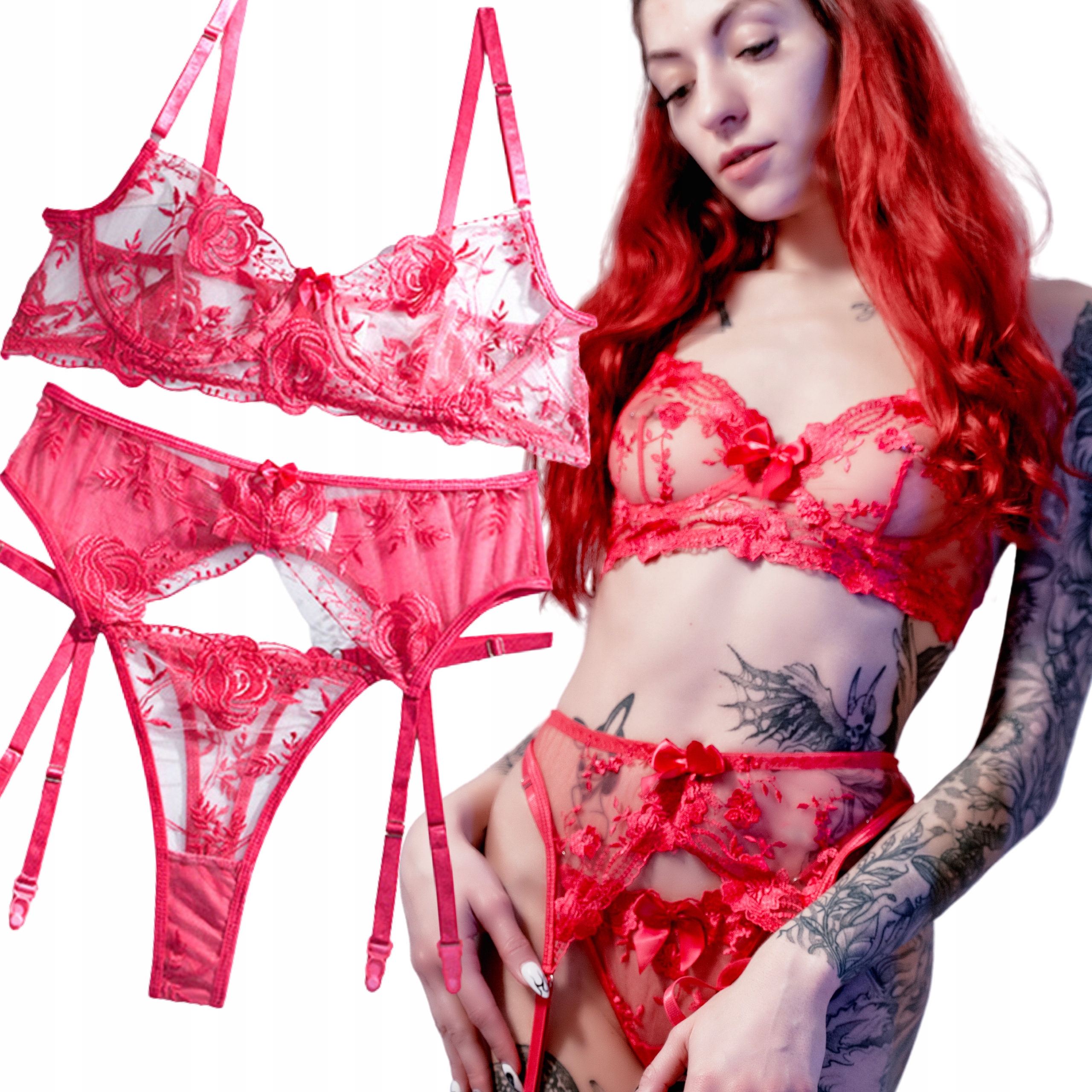 SEKSOWNY KOMPLET BIELIZNY TRZYCZĘŚCIOWY RÓŻOWY M