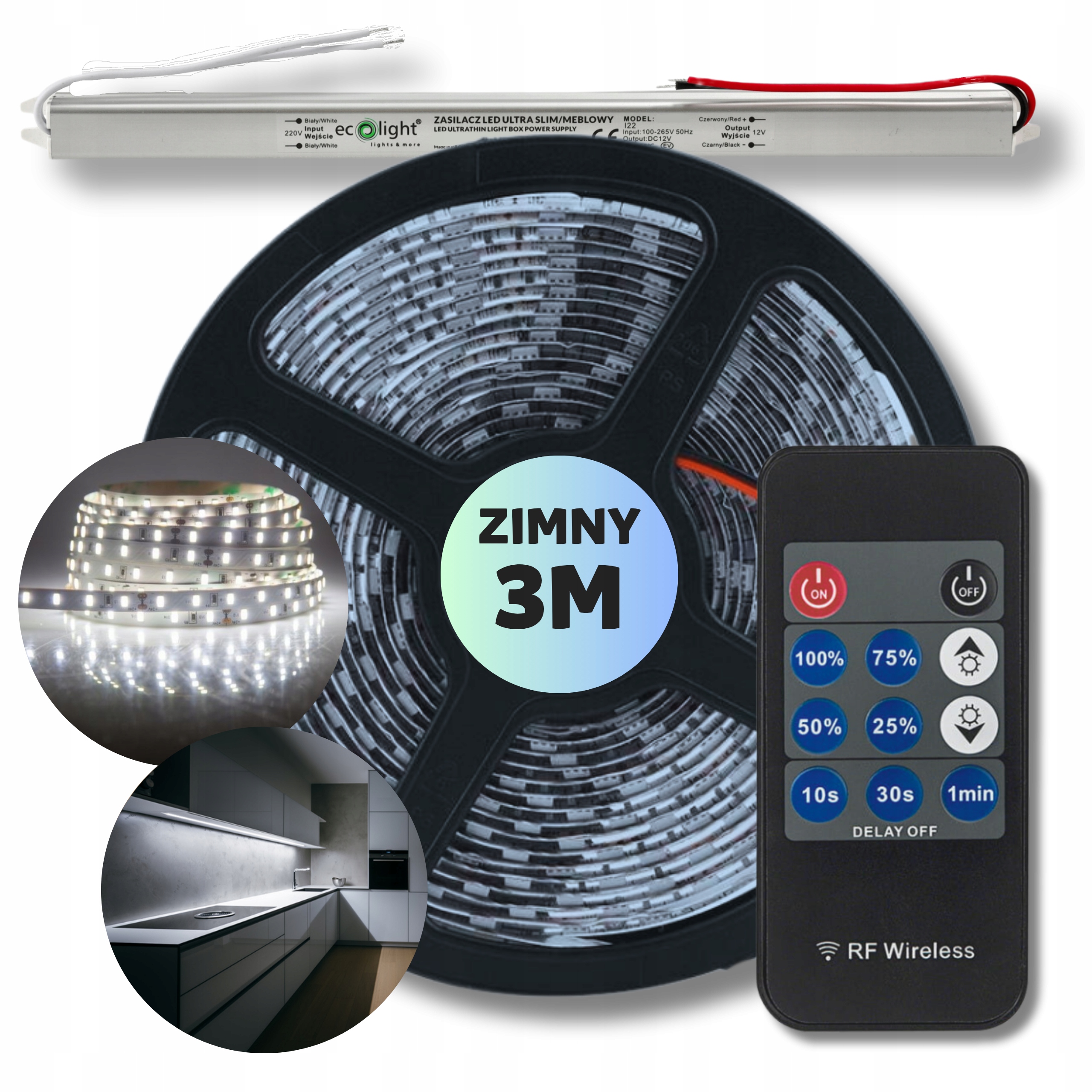 Set 3 m Led pásek Smd bílý, studený napájecí zdroj dálkový ovladač 12 V
