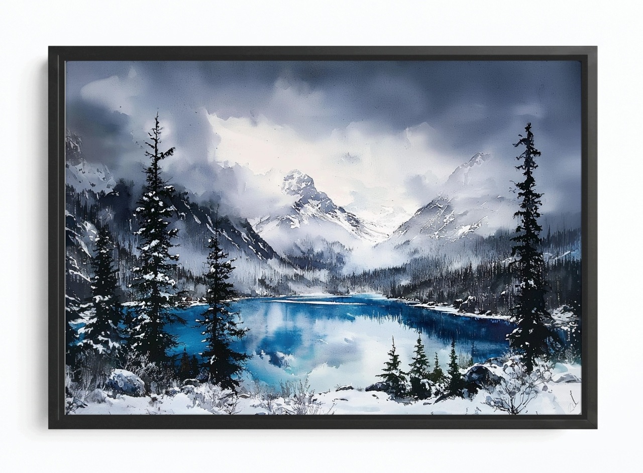 Obraz Rám Americký Box Krajina Hory Vrcholy Jezero Zima Sníh Mlha 60x40