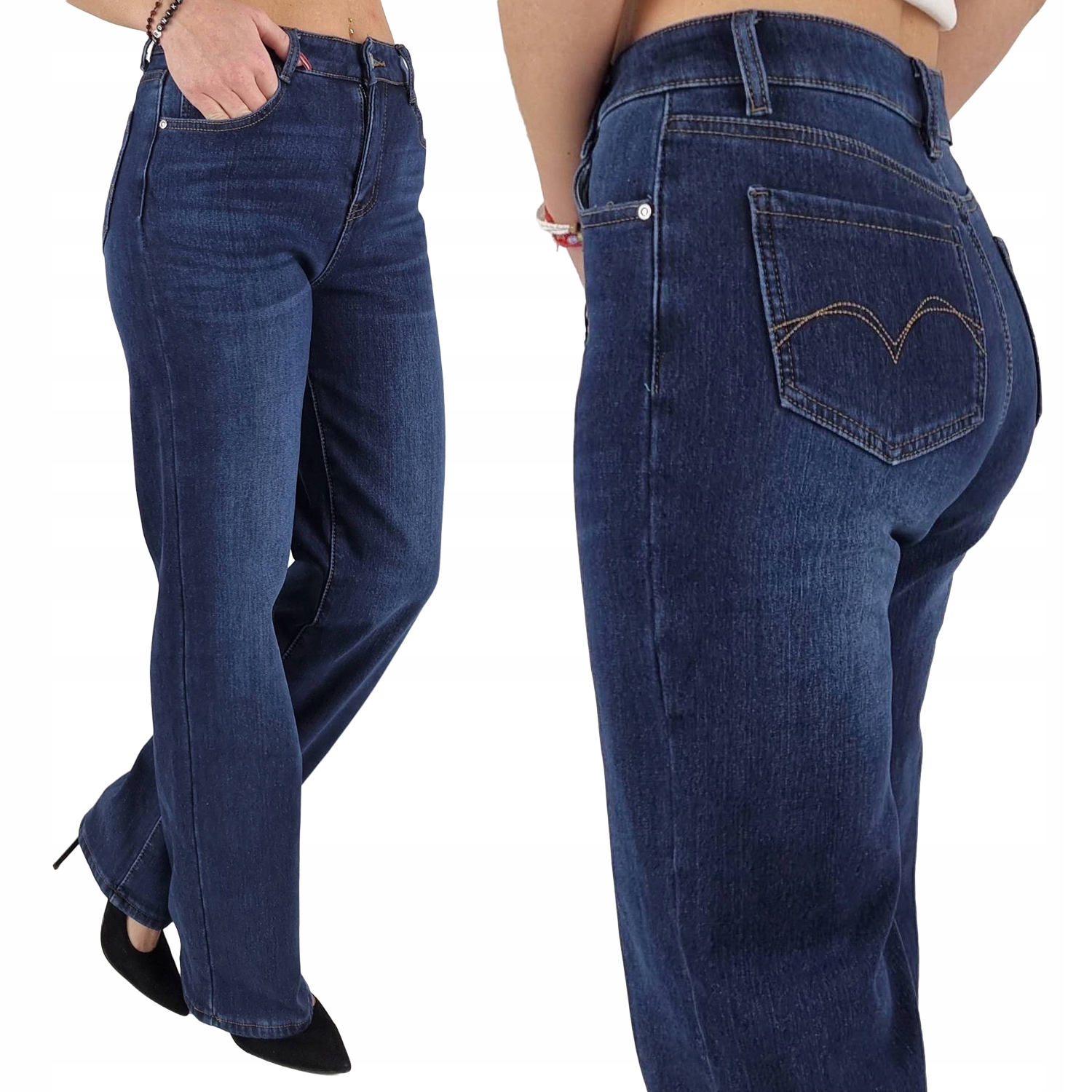 Nuvia Wide Leg Spodnie Jeansowe Jeansy Wysoki Stan Ocieplane Futerko Blue