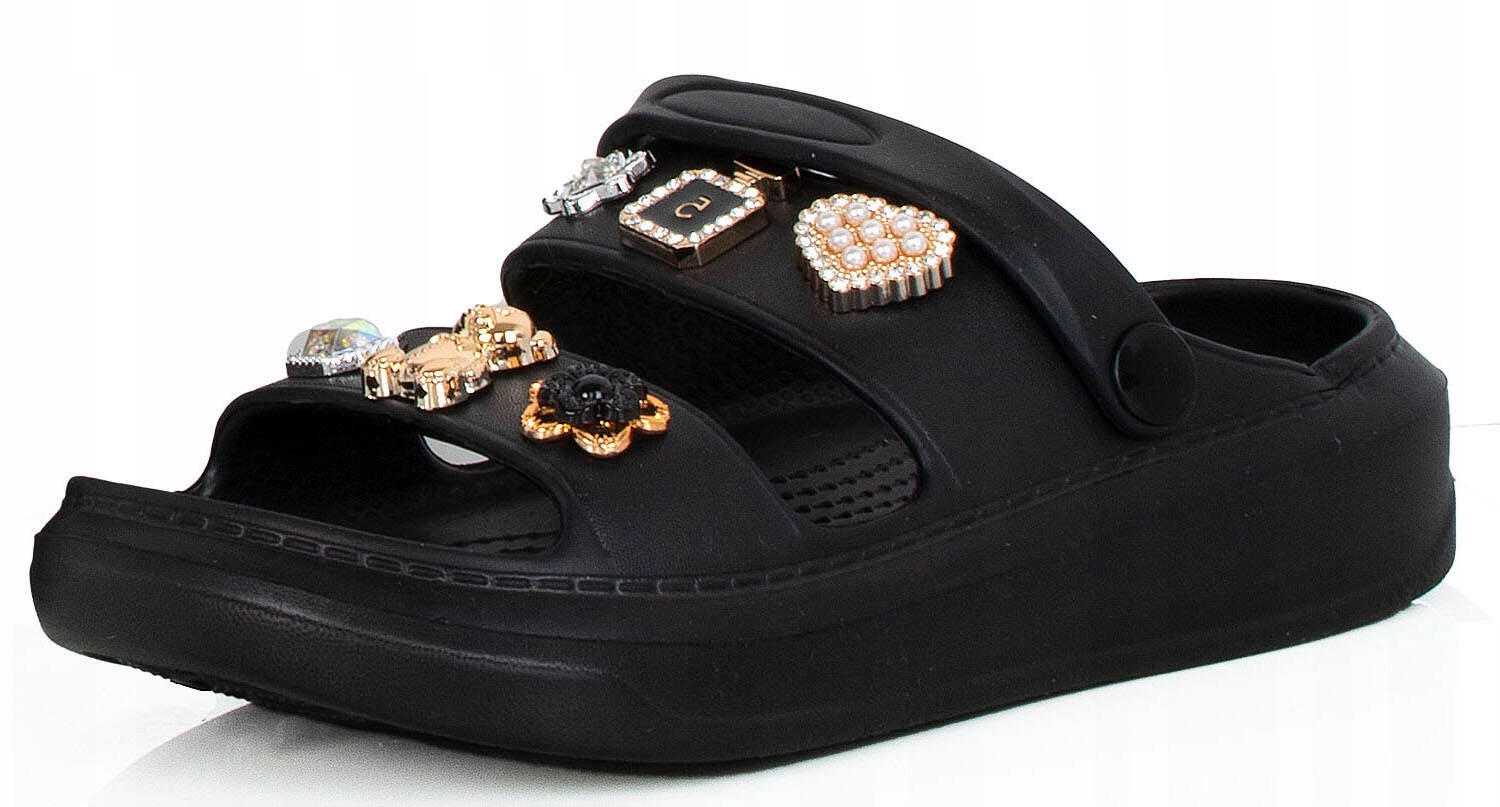 7981 CZARNE GUMOWE LEKKIE KLAPKI WSUWANE PASKI Z OZDOBAMI 40 Rozmiar 40