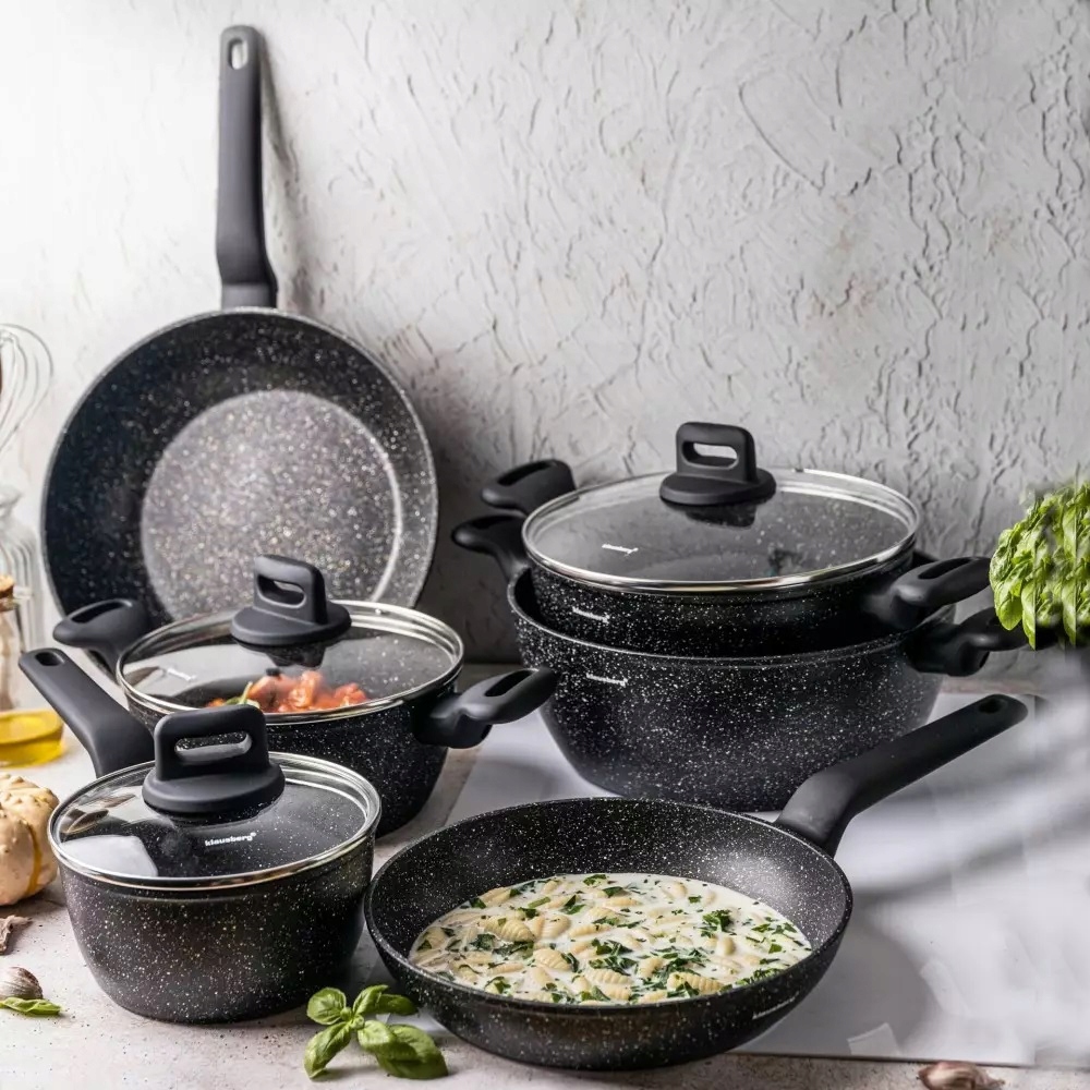 Zestaw garnkow marmurek garnki i patelnie indukcja 2x patelnia rondel Kolor czarny