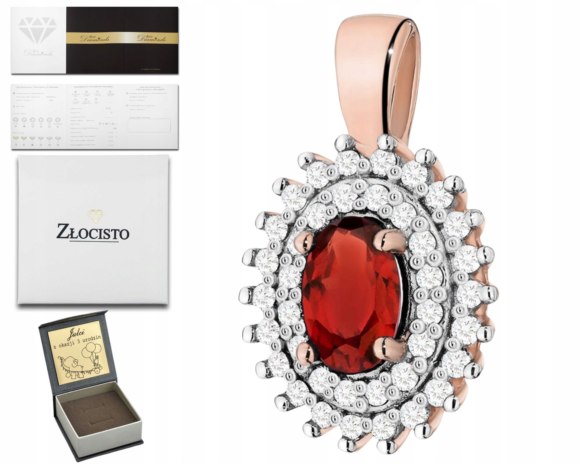 Růžový Zlatý Přívěsek S Granátem A Diamanty 585 14K Zlato