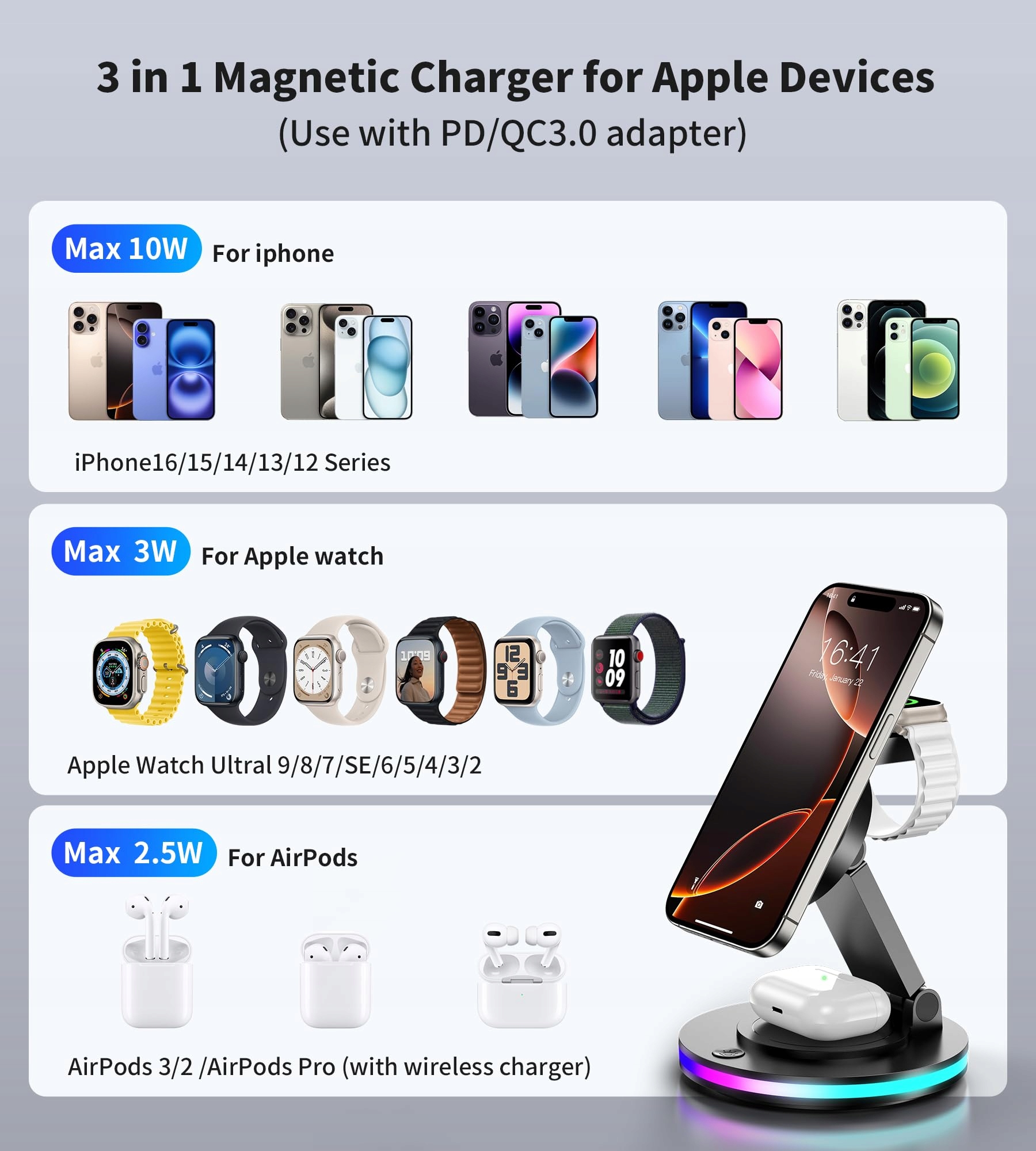 MAG SAFE Stacja Ładowania 3w1 Dla Apple Watch i iPhone — miniatura 3