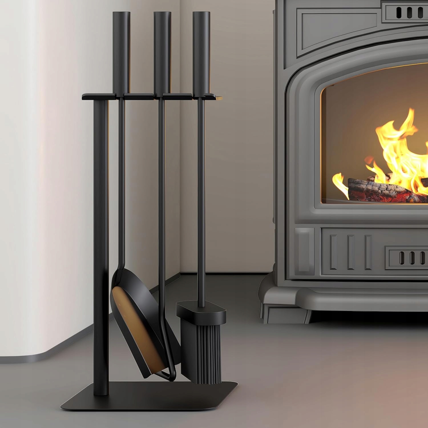 4dílná sada krbového nářadí – kartáč, lopata, poker, stojan