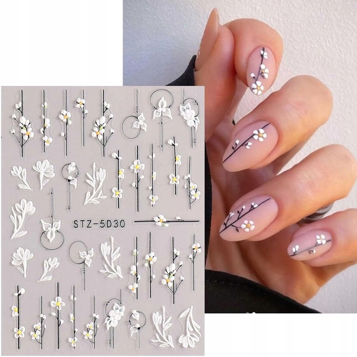 NAKLEJKI NA PAZNOKCIE SAMOPRZYLEPNE BIAŁE kwiaty listki NAKLEJKA STZ-5D30 Marka bez marki