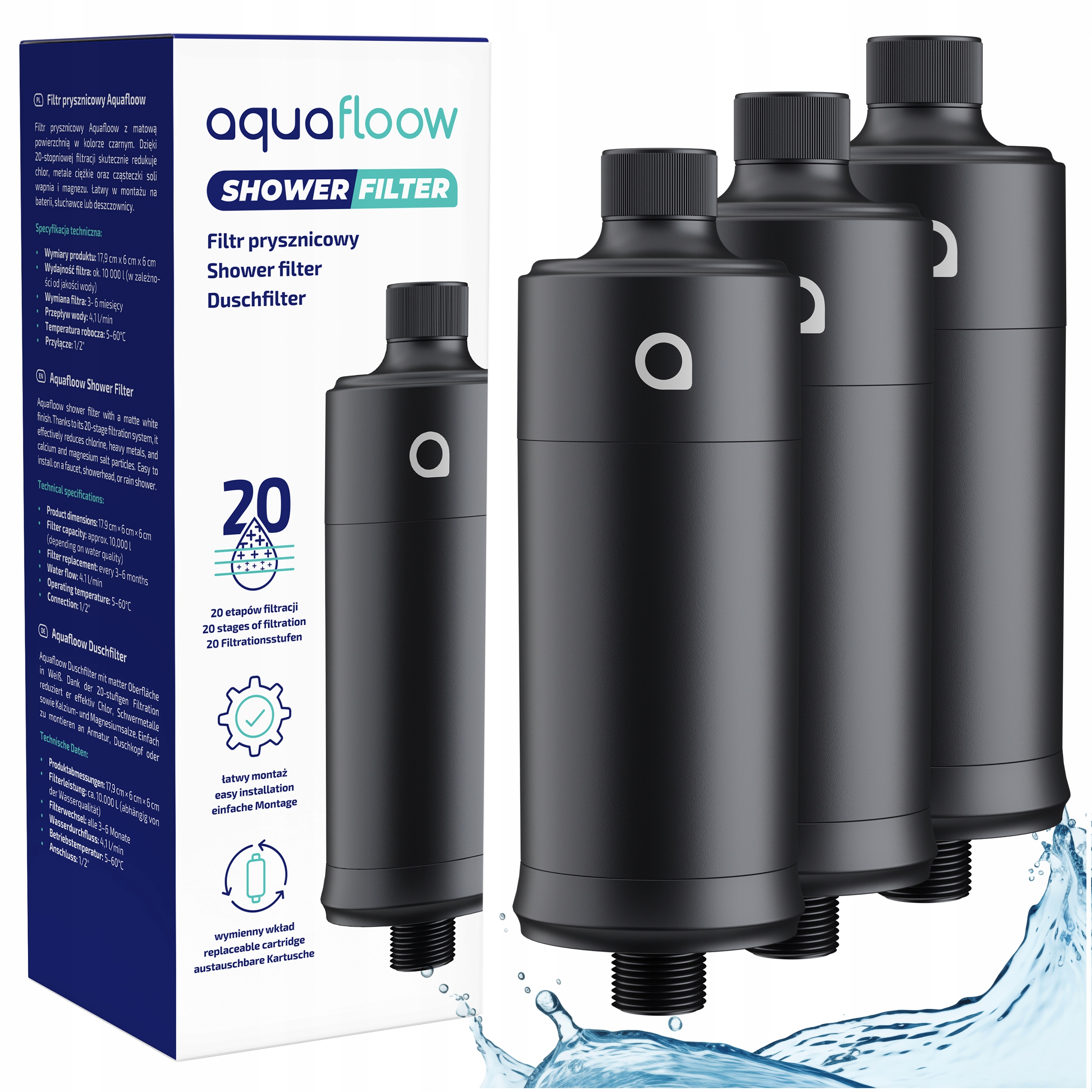 3x Filtr AquaFloow do sprchy černý změkčuje vodu 20 vrstev