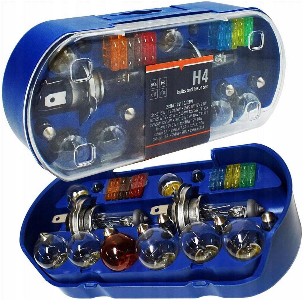 Zestaw Zasobnik Komplet Żarówek Zapasowych 2x H4 12V Bezpieczniki 30 Elem