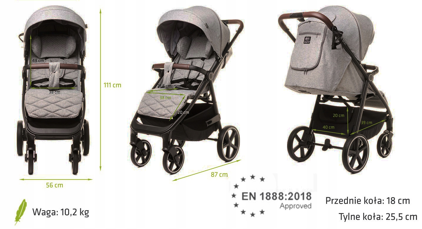 LEKKI WÓZEK SPACEROWY SKŁADANY AMORTYZACJA DUŻE KOŁA 0-22KG ŚPIWOREK UCHWYT Stan opakowania oryginalne