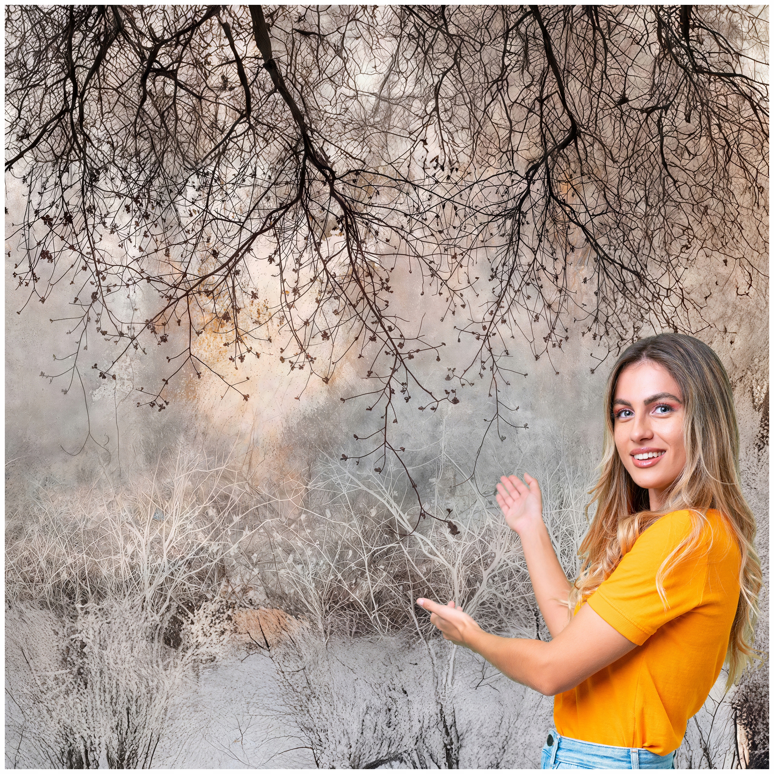 Fototapeta 3D SALON SYPIALNIA BOHO KWIATY LIŚCIE BETON LOFT 294x260 BKLB02F