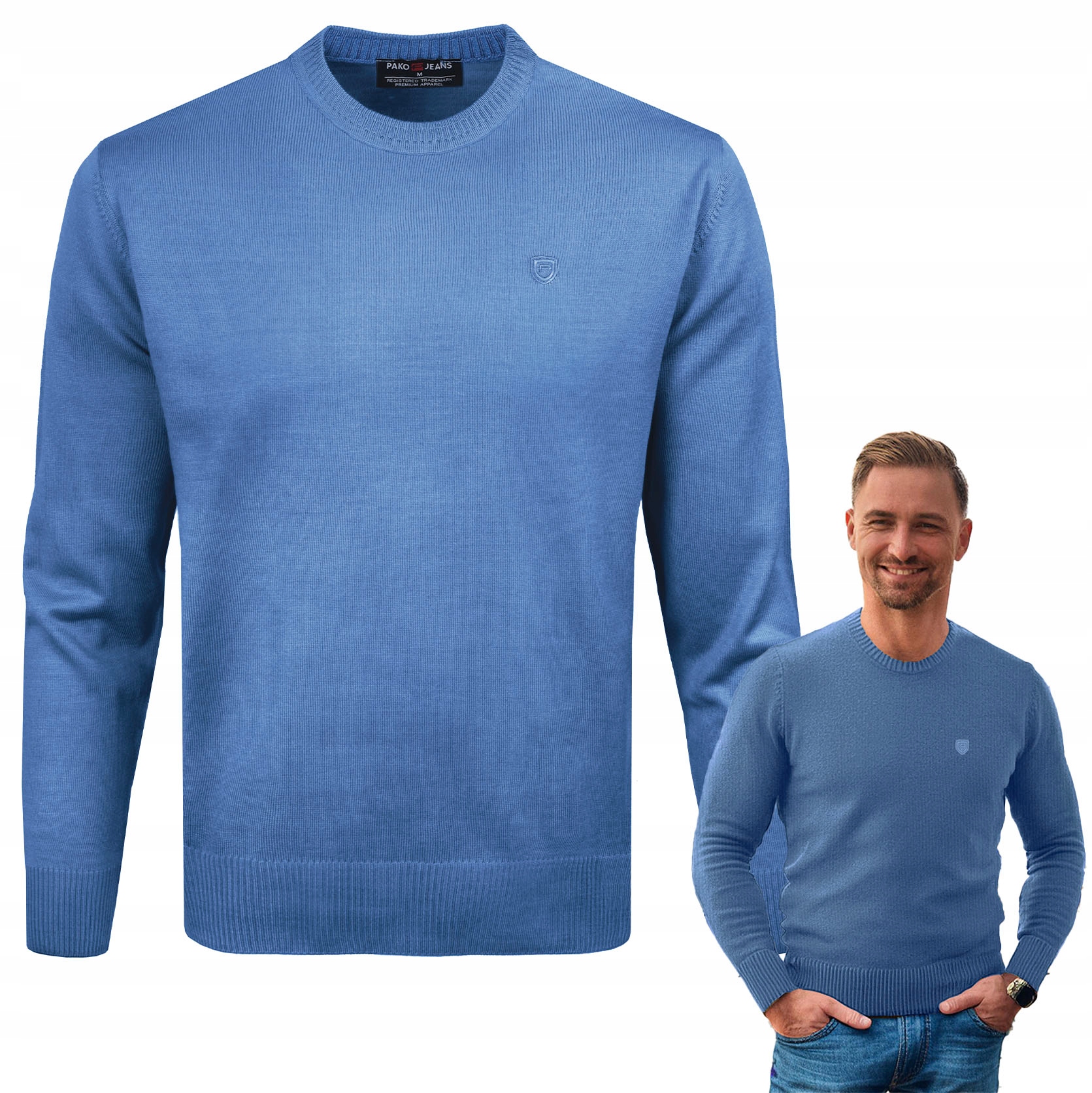 Pánský svetr Klasický Basic Hladký Modrý melír XL Pako Jeans