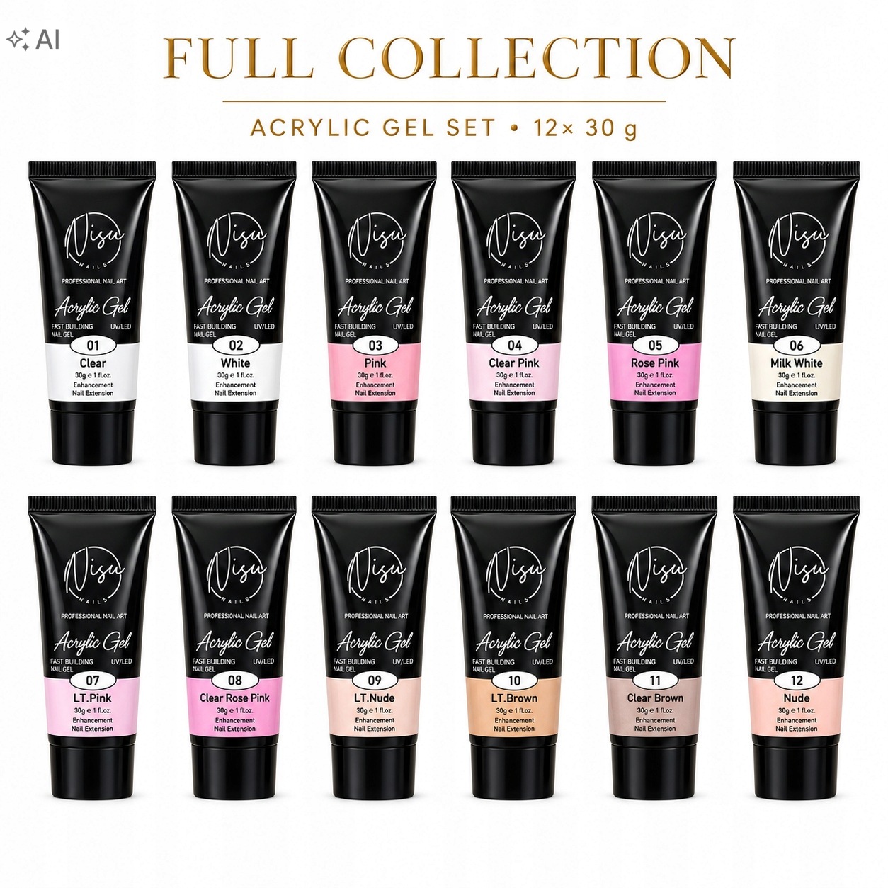 Nisu Nails Kompletní kolekce Acrylic Gel Full Collection 12×30g Uv/led