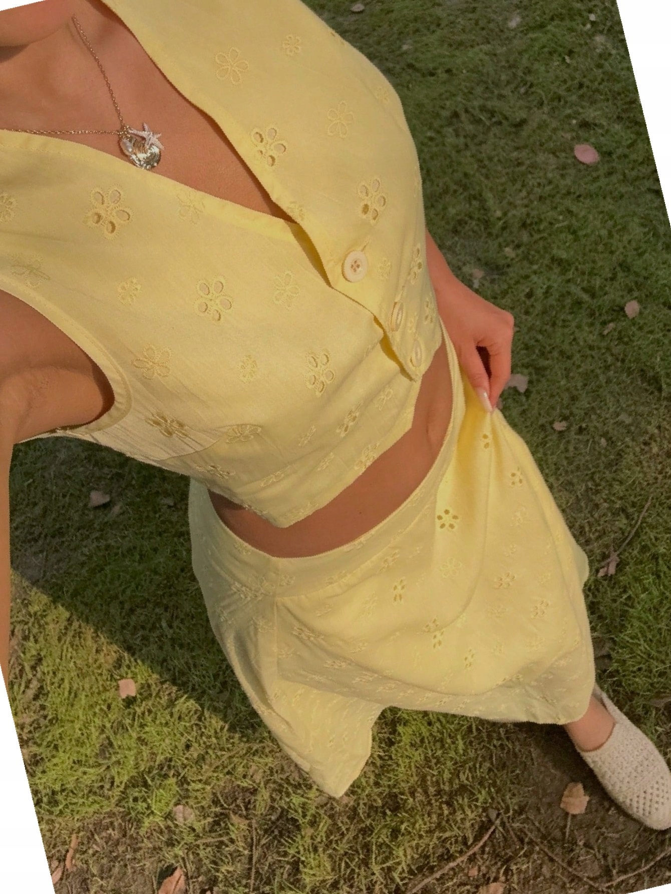 Dámský módní komplet Žlutý Letní Ažurový Každodenní Stylový Xs 34