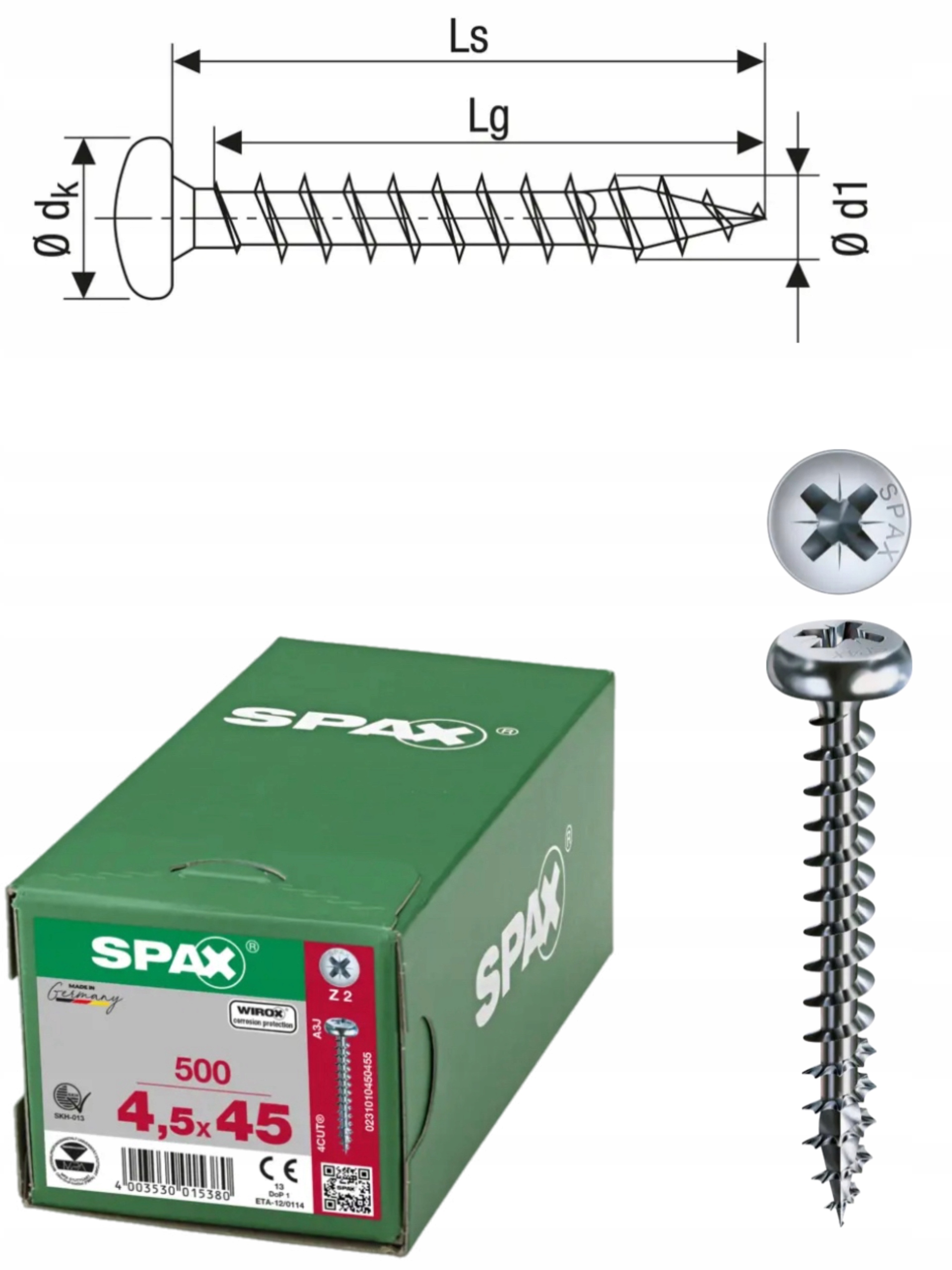 Univerzální šroub do dřeva spax 4,5 x 45 Wirox Hb 500 ks
