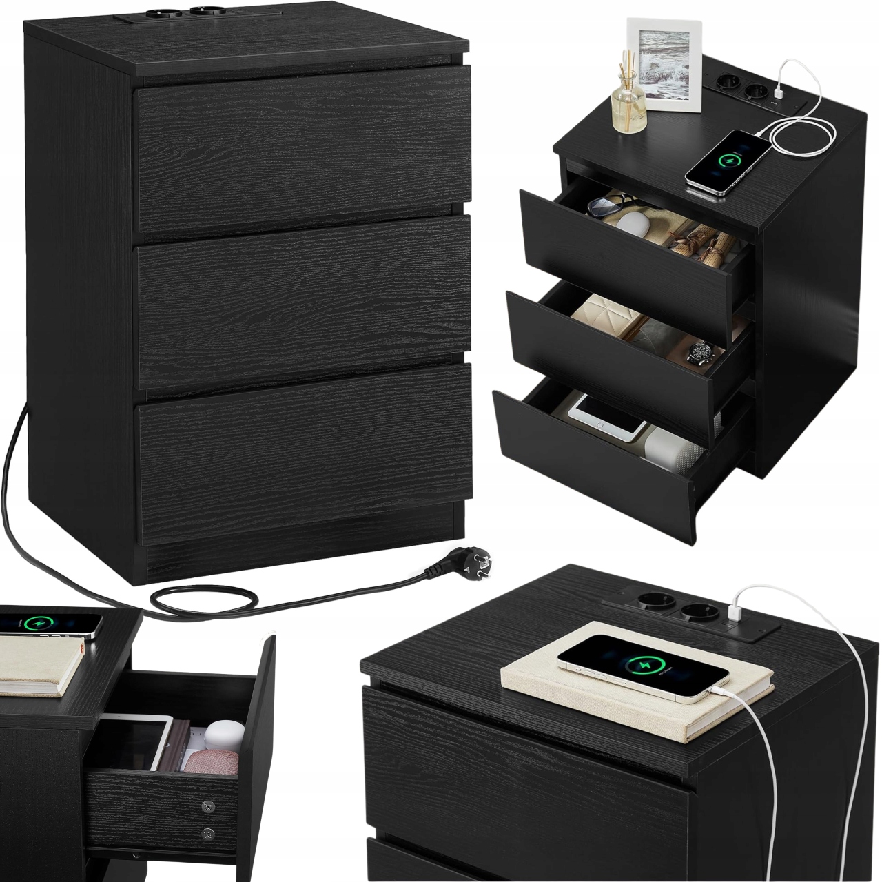 Nočný stolík Čierna Usb nabíjačka 230V Skriňa s zásuvkami 3 zásuvky Loft