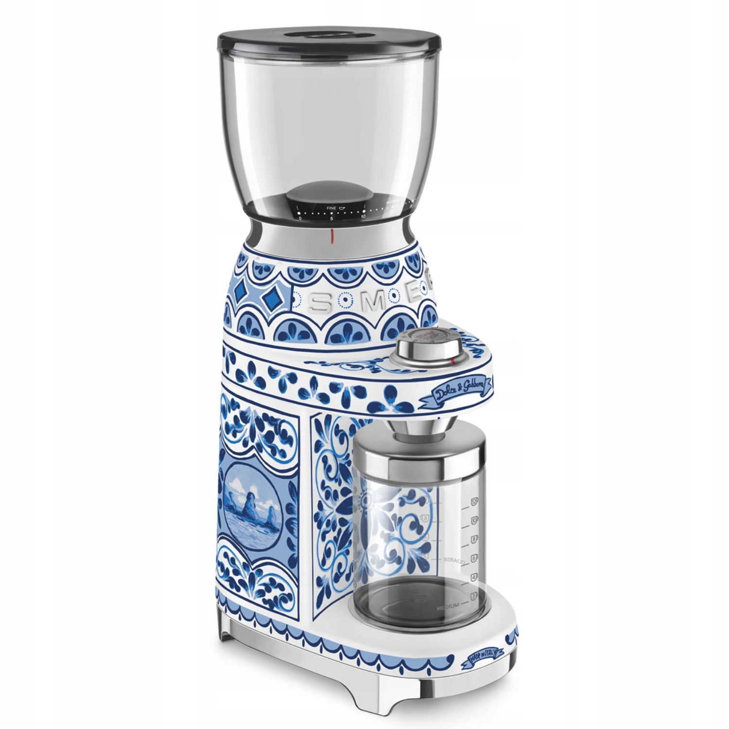 Elektrický mlynček na kávu Smeg Dolce&Gabbana CGF01DGBEU bielo-modrý