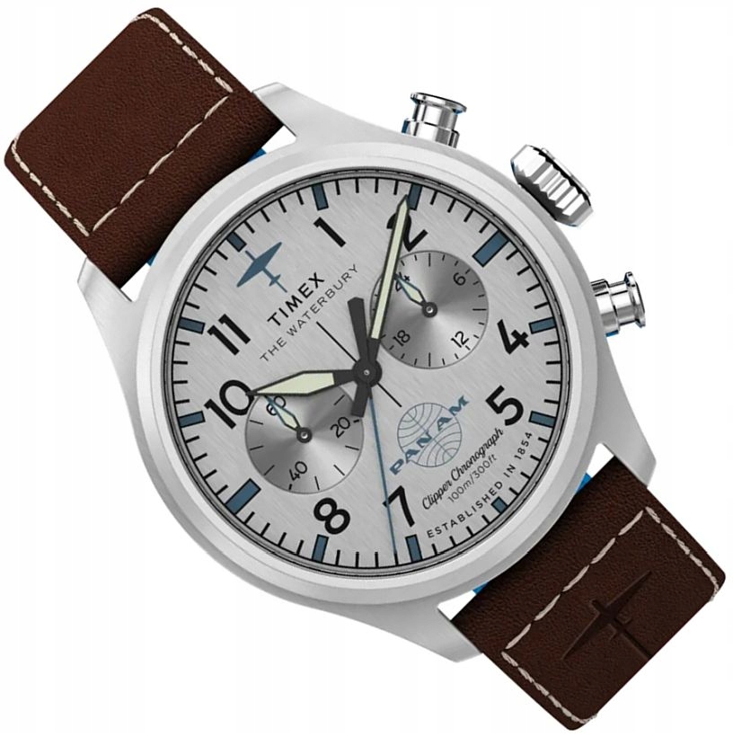 Pánské Hodinky Timex Pilot Stříbrné Chrono Na Opasku TW2Y38700 Pan Am 41mm