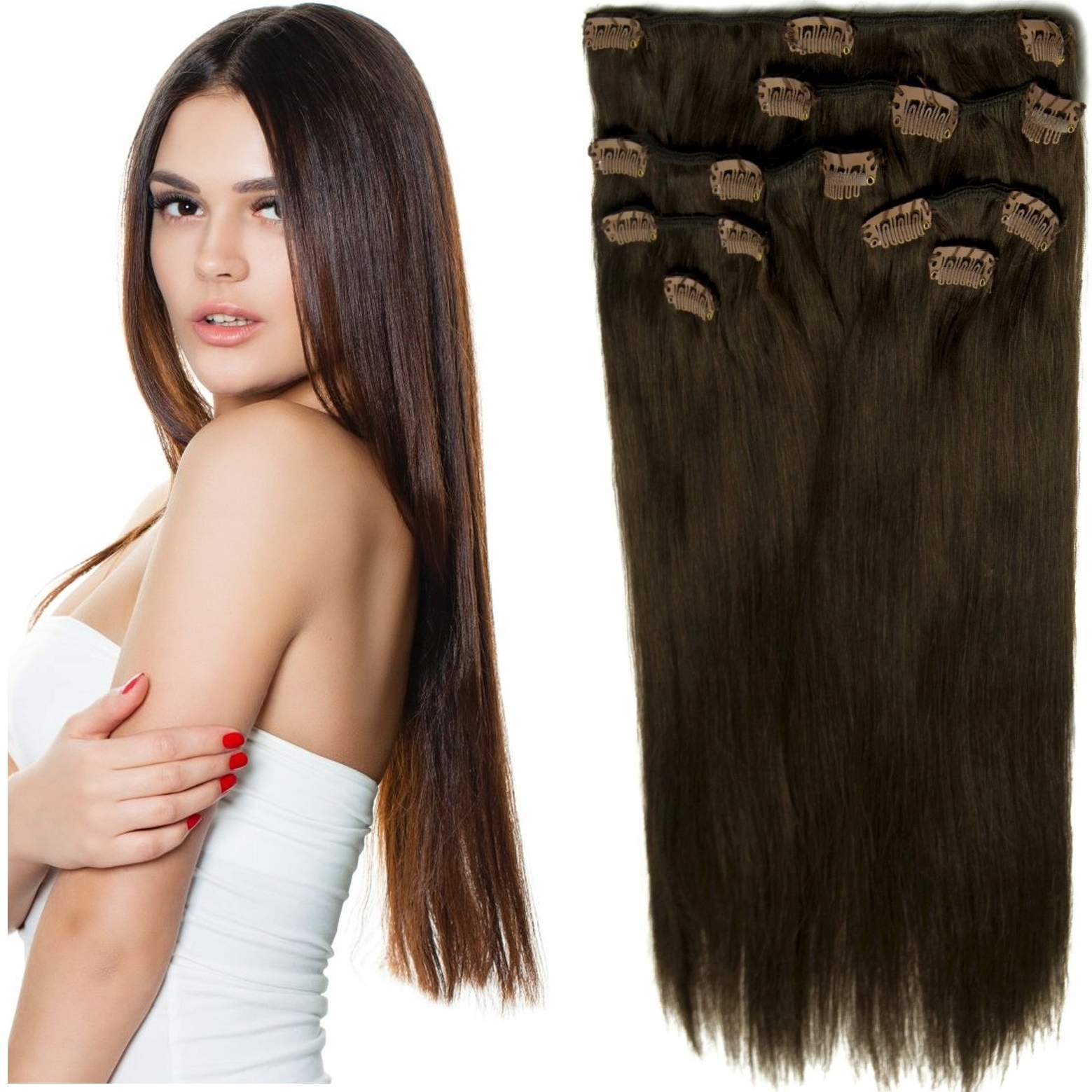 Příčesek Do Vlasů Clip-in 60 CM Nejdelší Sada 7 Pásků Na Sponky, hnědá 4