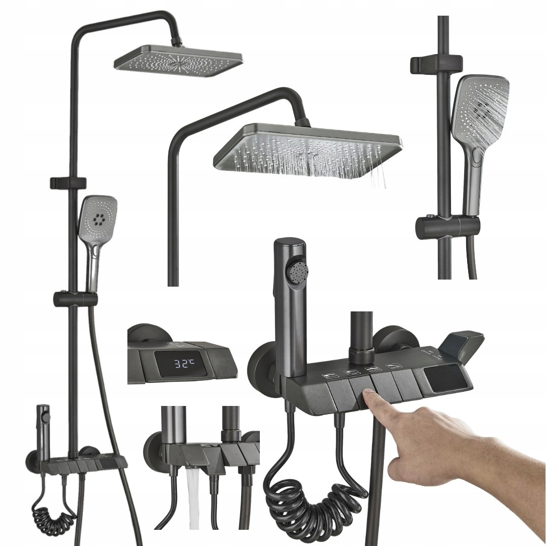 Zestaw Prysznicowy Prysznic Podtynkowy Czarny Szary Termostat Bidet LCD