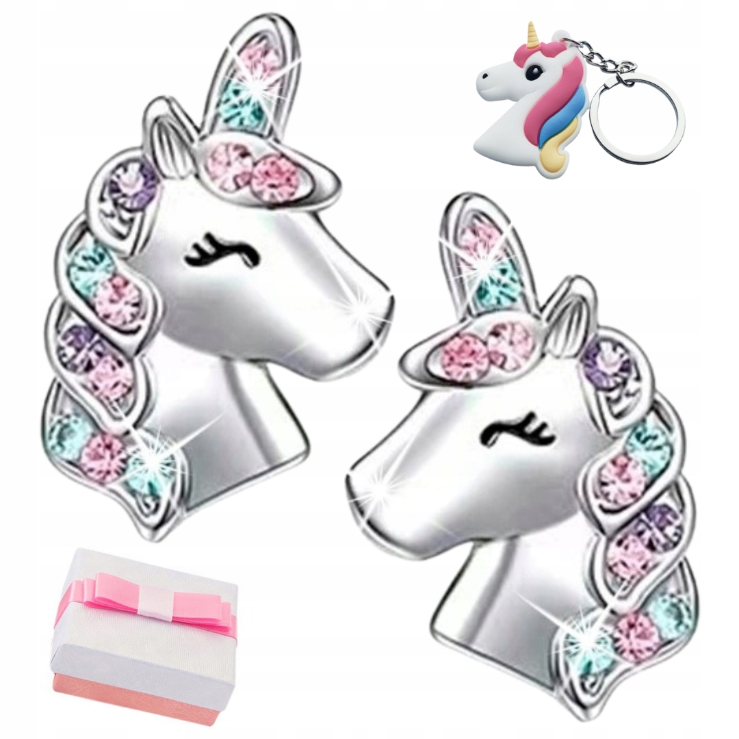 KOLCZYKI SREBRNE DLA DZIEWCZYNKI JEDNOROŻCE, WKRĘTKI DLA DZIECI + BRELOK