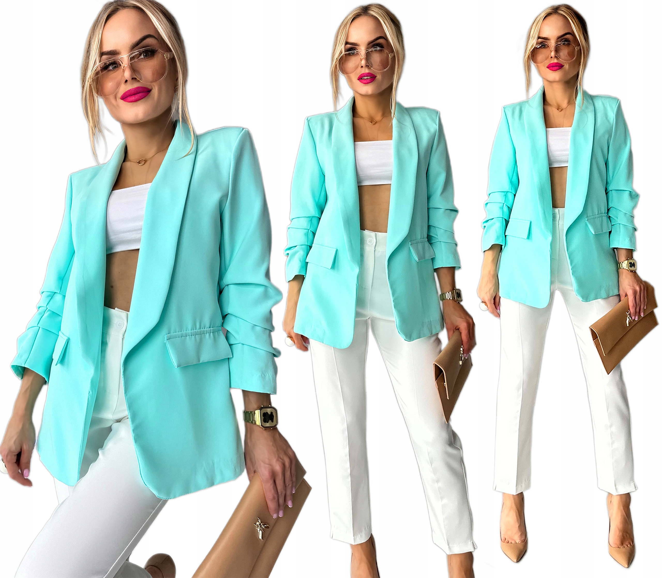 Miętowa Marynarka Damska Żakiet drapowane rękawy podszewka 44