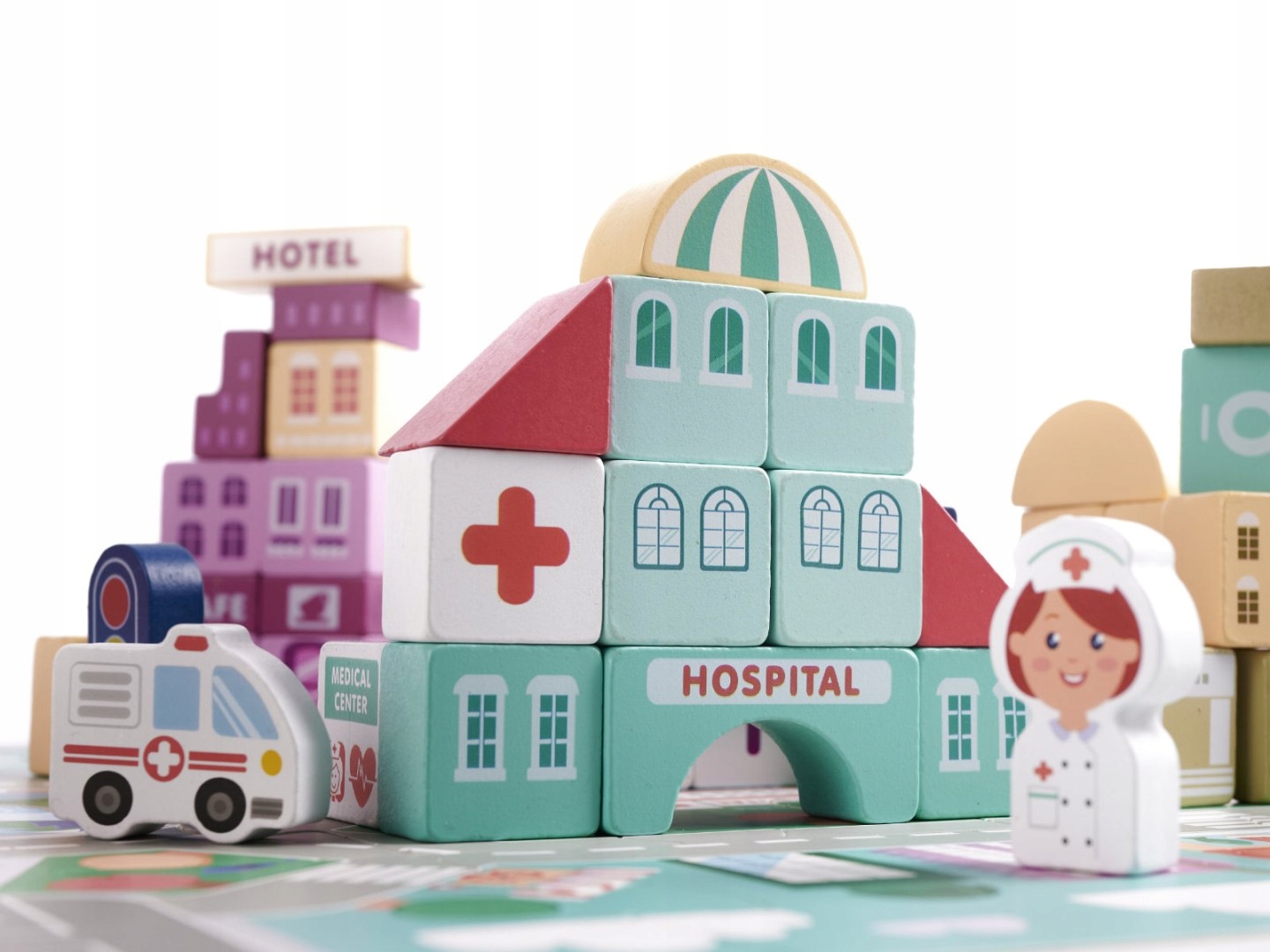 KLOCKI DREWNIANE EDUKACYJNE MIASTO PUZZLE 100EL. Wiek dziecka 3 lata +