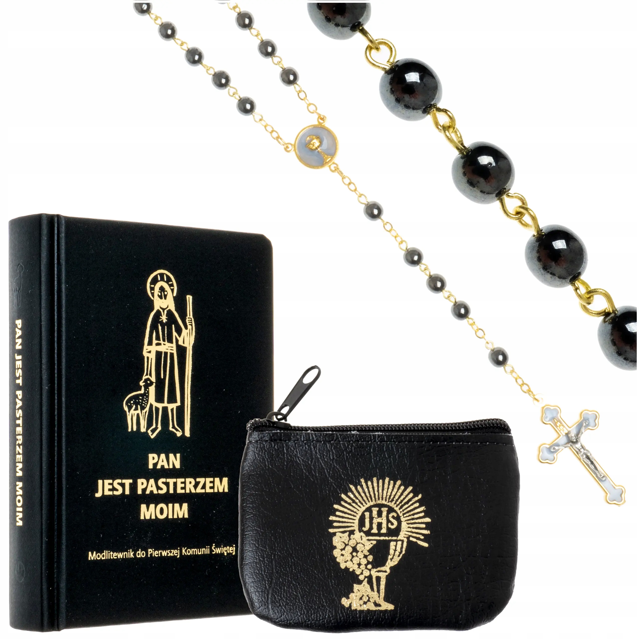 Knížka k přijímání černý růženec k prvnímu svatému přijímání pro chlapce zlato a grafit