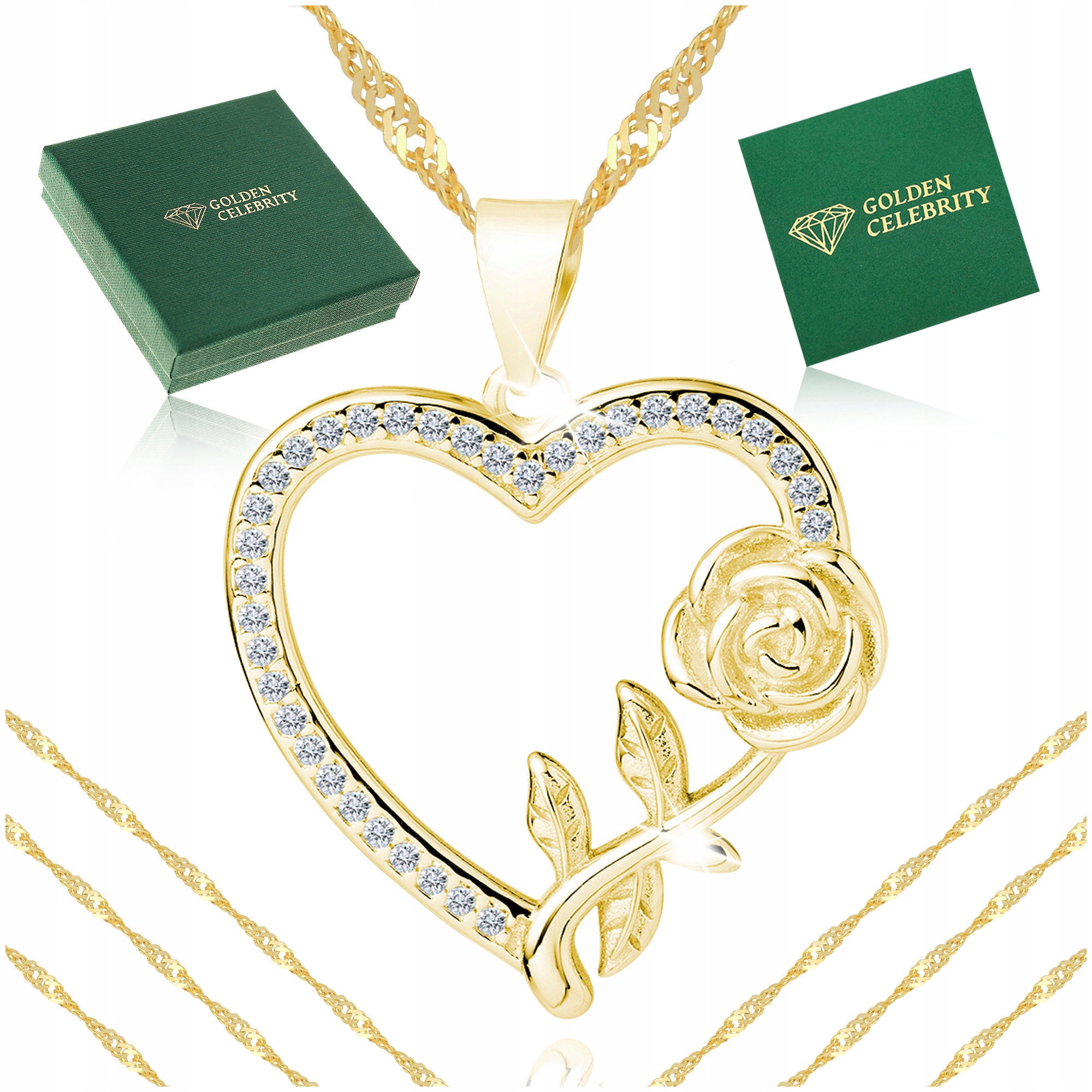 Krásný Zlatý Řetízek Singapur Velký Přívěsek Srdce S Růží Stříbro 925