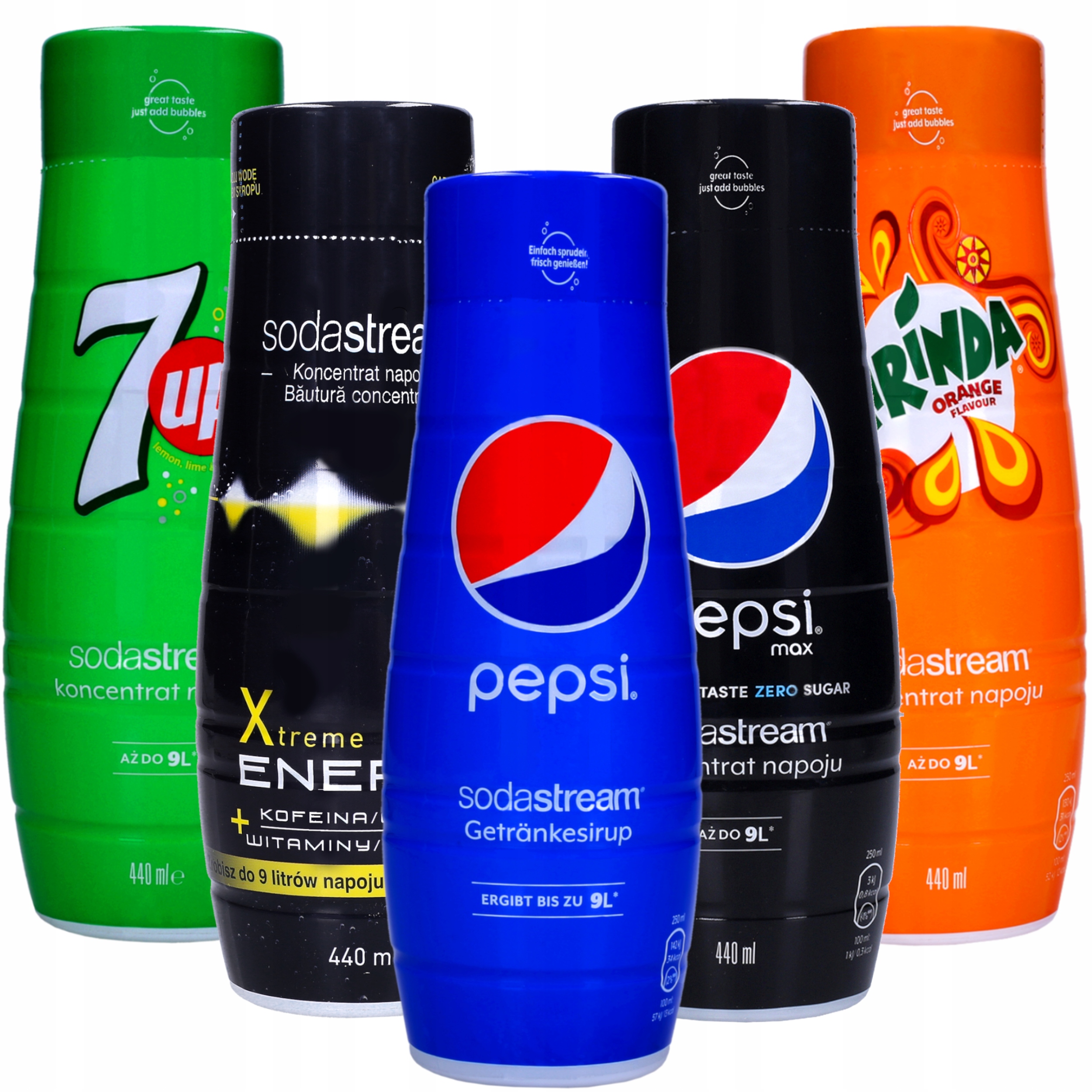5×SodaStream Zestaw syropów Mirinda/7up/Xtreme Energy/Pepsi Max/Pepsi 440  ml - cena, opinie - Sklep