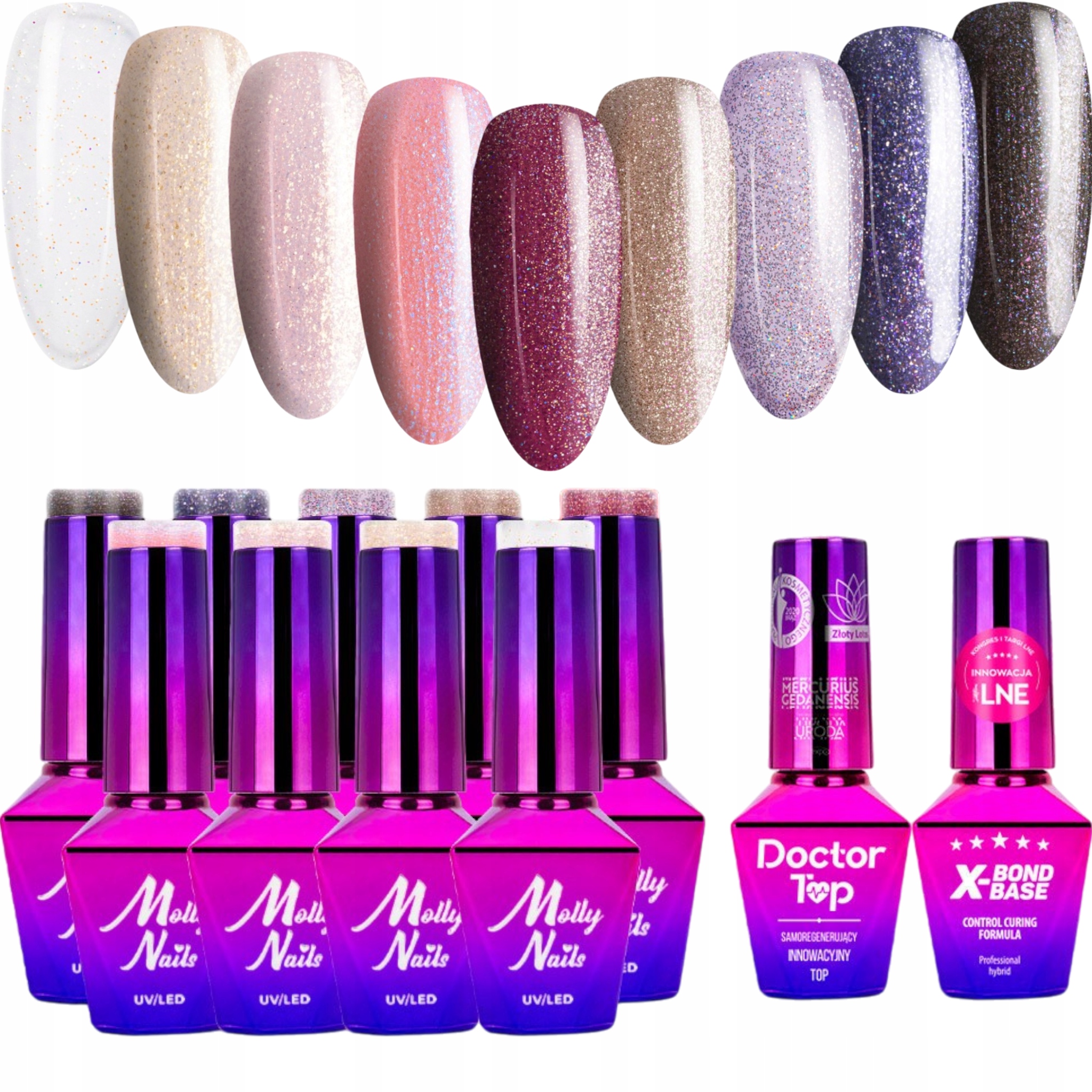 9x Lakier Hybrydowy Mollynails Wedding Dream & Champagne Baza Top
