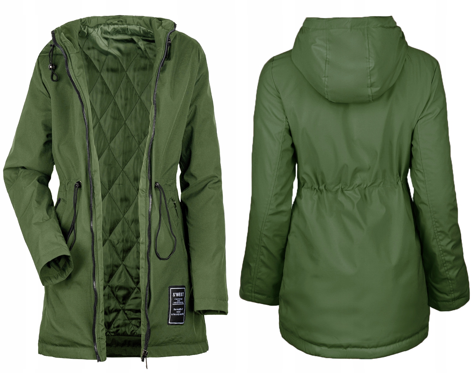 KURTKA PRZEJŚCIOWA TALIOWANA LEKKA WIOSENNA JESIENNA PARKA Z KAPTUREM S Długość do połowy uda