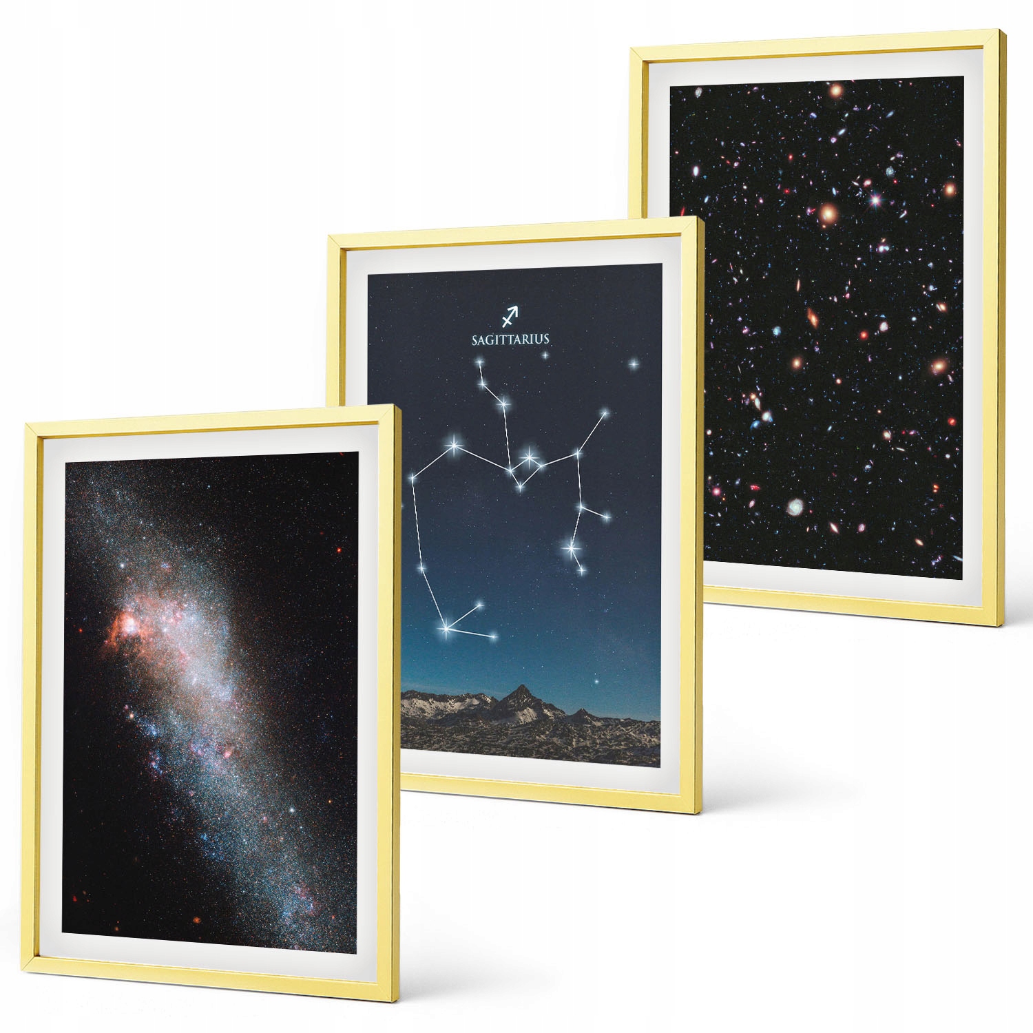 Sada obrazů nad pohovku Galaxie souhvězdí vesmír Střelec Zlatý rám
