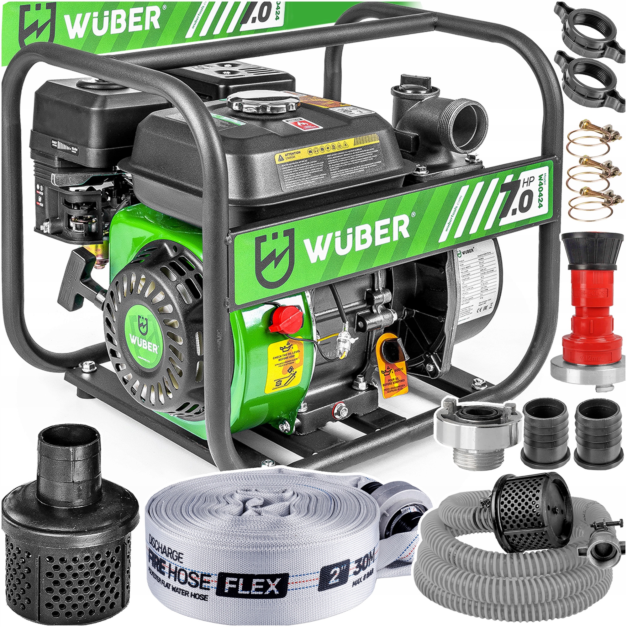 Motopompa Do Wody 7KM Wuber+wąż Strażacki 30M+WĄŻ Ssawny 4M+FASTFIX Zestaw