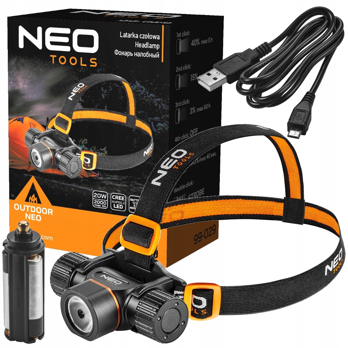 LATARKA LAMPKA CZOŁOWA CZOŁÓWKA 2000LM CREE XHP50.2 LED NEO TOOLS 99-029