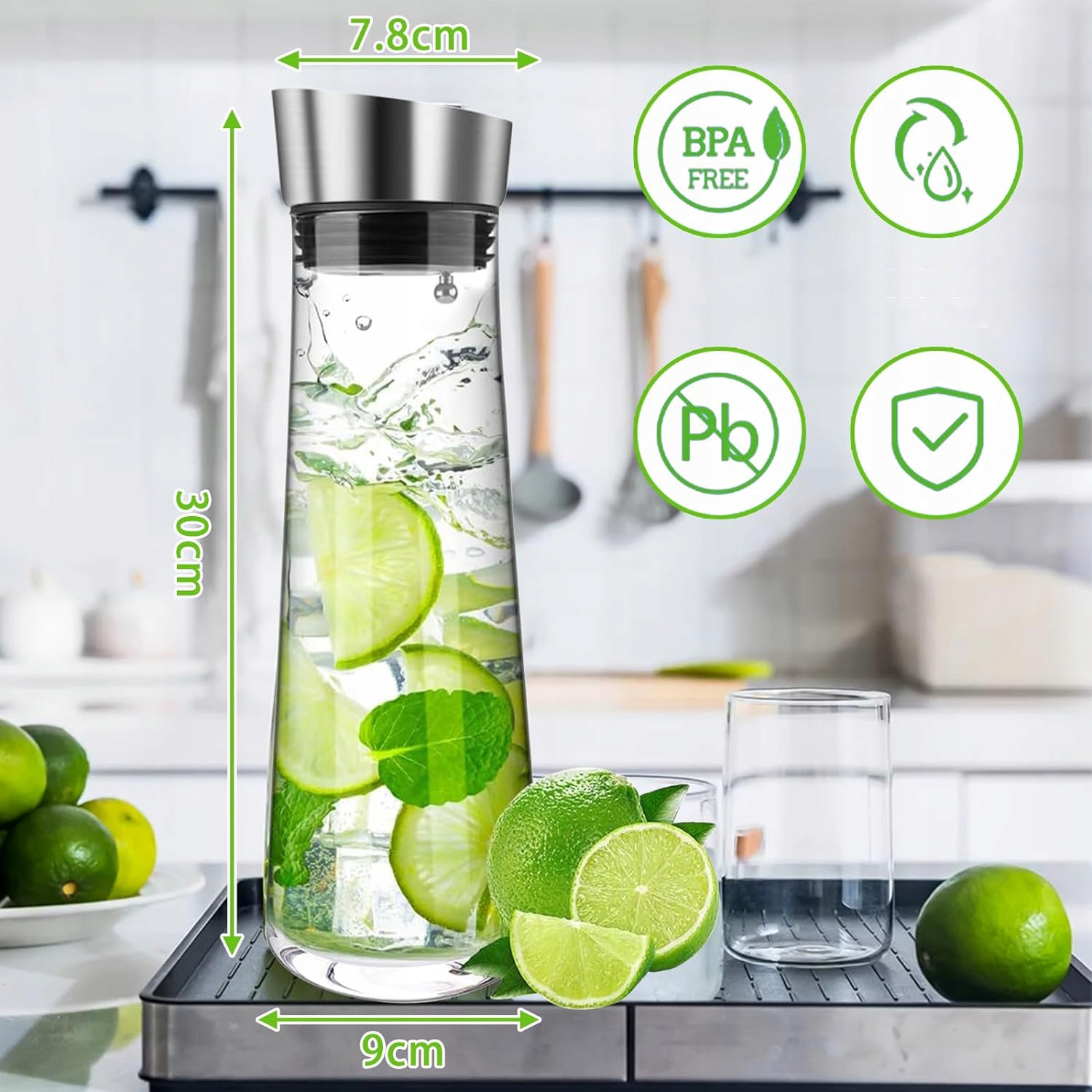 SZKLANA KARAFKA NA WODĘ, 1 LITR, SZKLANA KARAFKA Z POKRYWKĄ I DZIÓBKIEM Kolor przezroczysty