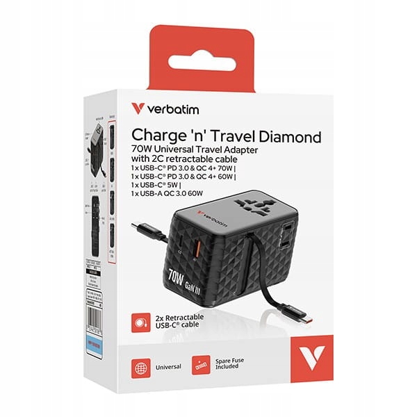 Verbatim 30186 70W 2x kabel USB-C Black