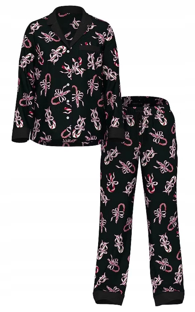 Dlouhé saténové pyžamo Victoria's Secret černé s mašličkami S (M) Regular