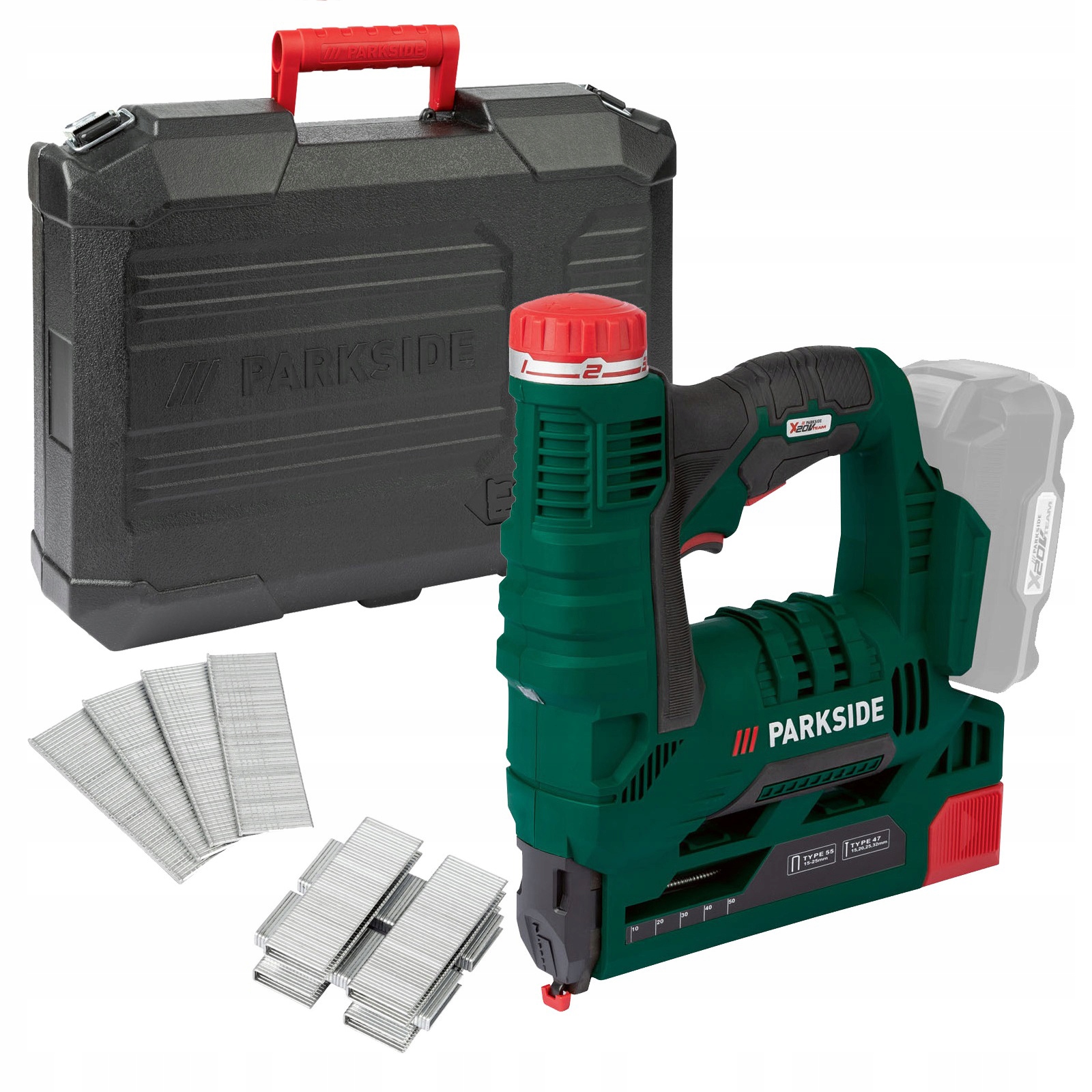 Akumulatorowy Zszywacz Tapicerski Parkside Pat A1 20V Gwoździarka Walizka