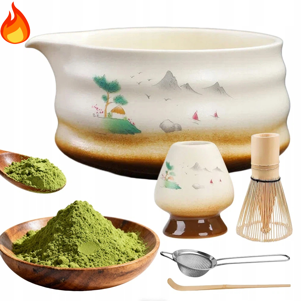 Zestaw Do Matcha Bambusowy Mioteł Łyżeczka Trzepaczka I Ceramiczna Miska