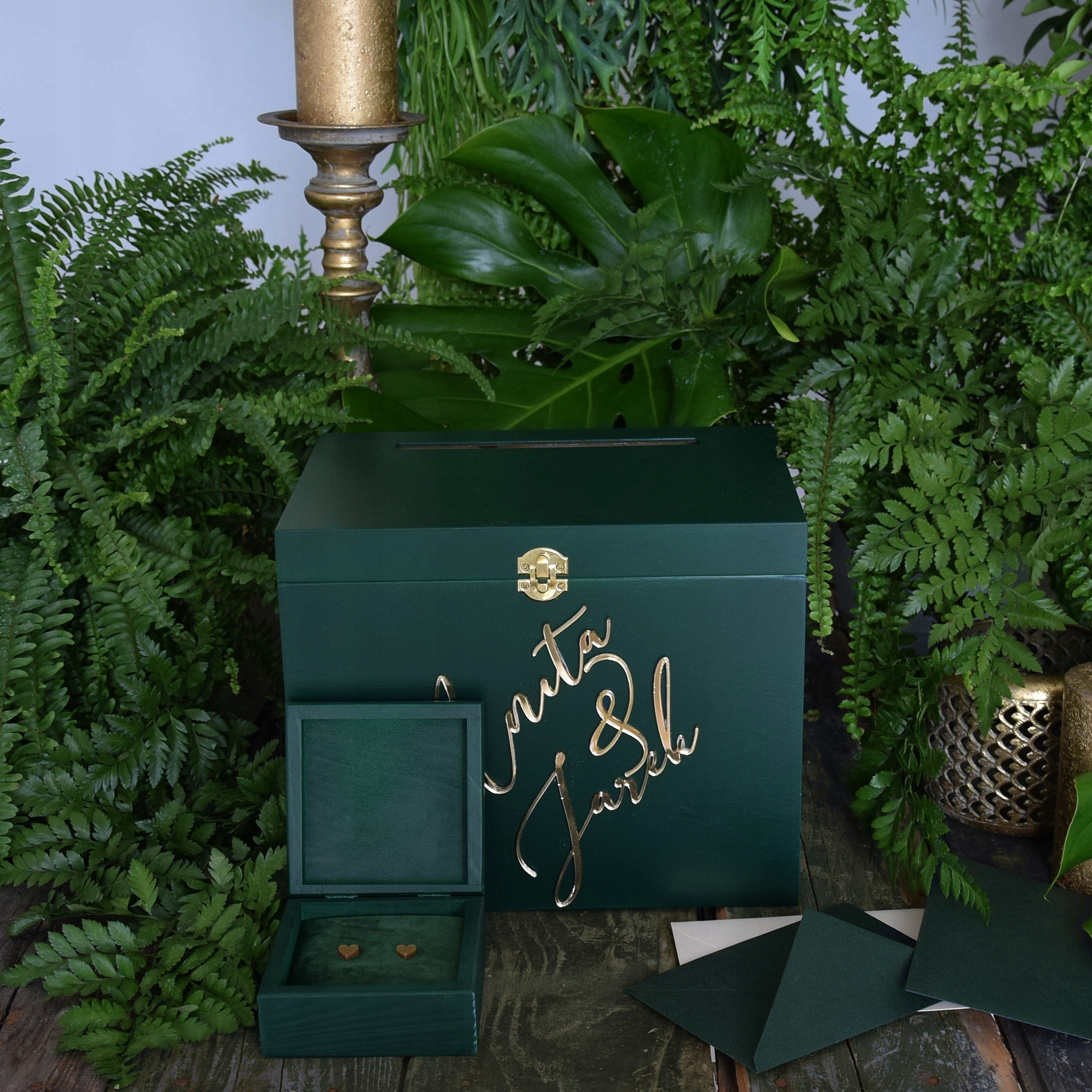 Duże ZIELONE Pudełko na KOPERTY + OBRĄCZKI ZŁOTE L Marka inny