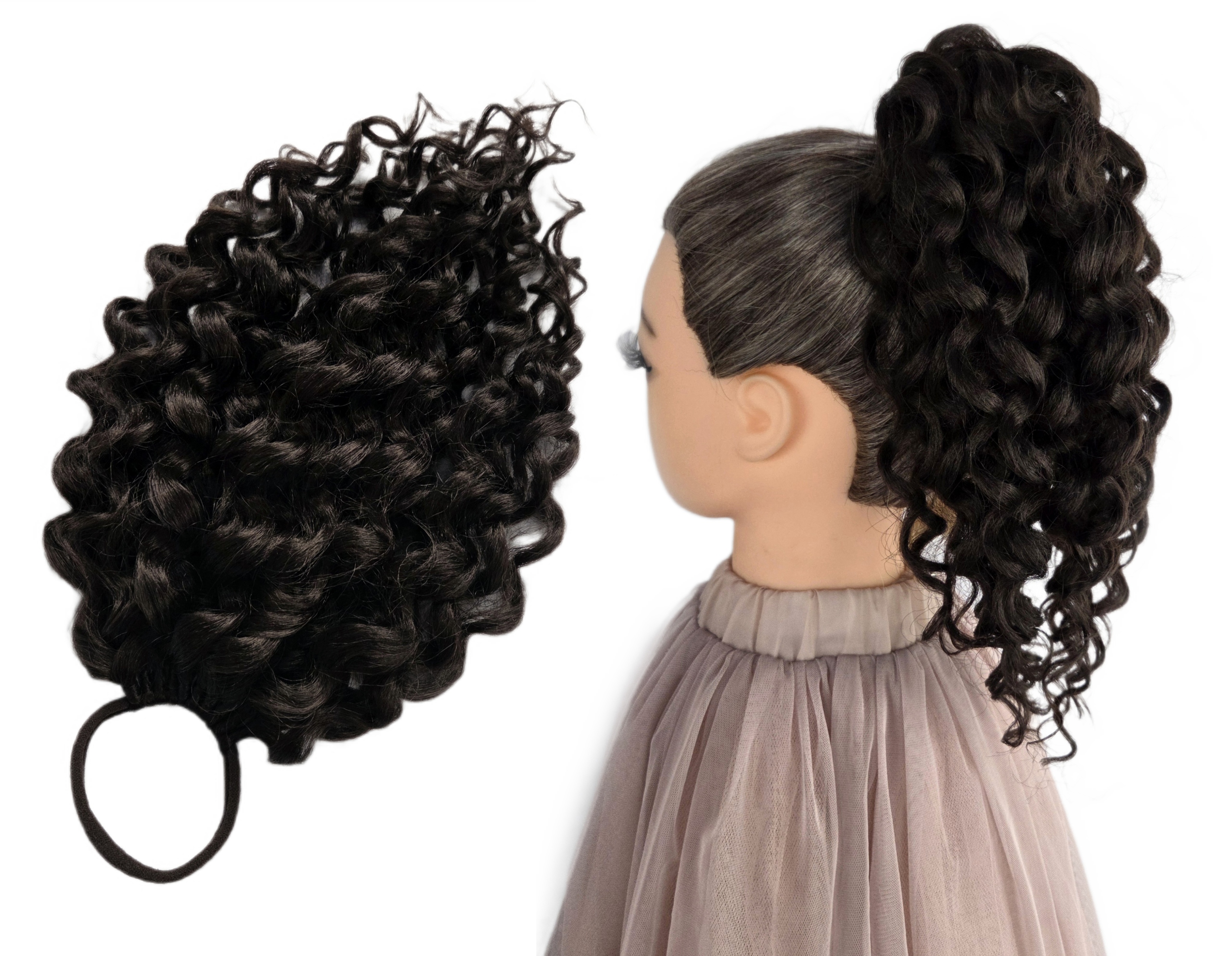 Připínací poník na gumičce, Příčesek kadeře, tmavě hnědá, Kávová Brunetka, 30 cm