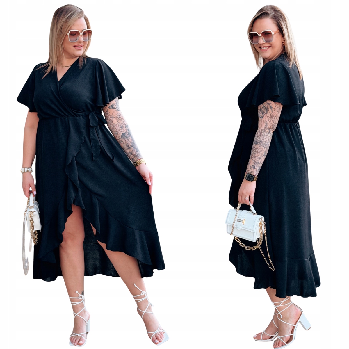 Sukienka Duże Rozmiary Plus Size Kopertowy Dekolt Damska Cavaricci Czarna