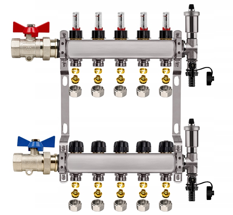 Rozdělovač Pro Podlahovku 5 Okruhů Nerezový Jednoduchý Ventil Pex Spojky
