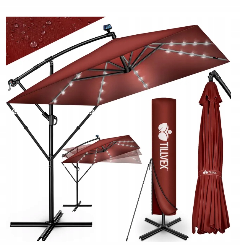 Obdélníkový hliníkový deštník Ø 330 cm s červenou Led diodou