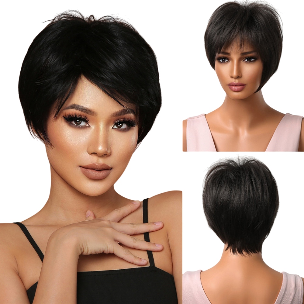 Peruka Damska Krótka Czarna Pixie Jak Naturalne Włosy czepek